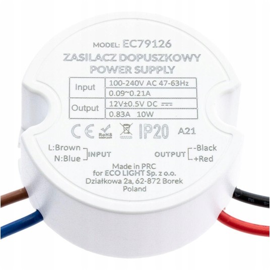 Zasilacz dopuszkowy 1,25A 15W 12V IP20 50x50x22 -zdjęcie numer 3