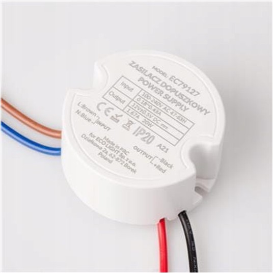 ZASILACZ LED 12V DC 20W 1,67A DO PUSZKI FI60 mm -zdjęcie numer 1