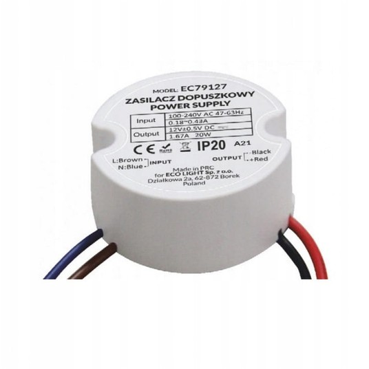 ZASILACZ LED 12V DC 20W 1,67A DO PUSZKI FI60 mm -zdjęcie numer 2
